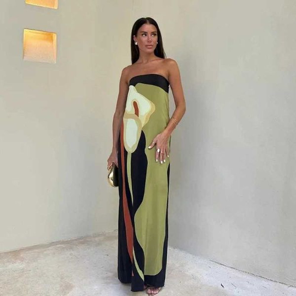 sexy strapless backless printed long dress women fashion sveless off