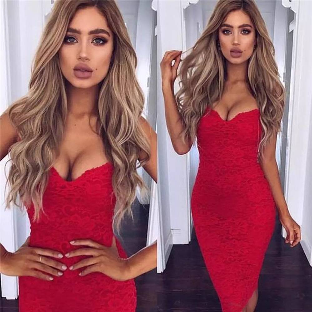 sexy summer lace dress party bodycon women vneck spaghetti strap
