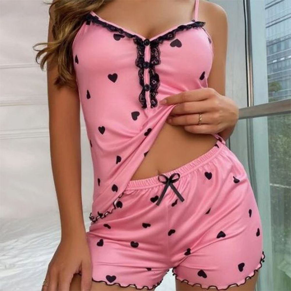 sexy summer twopiece womens sleepwear set with deep vneck top