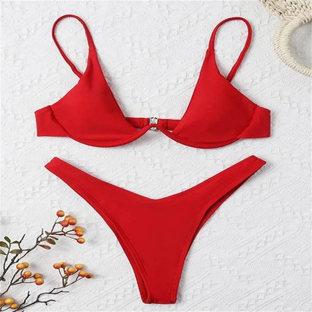 sexy underwire bikini women solid red push up bra thong