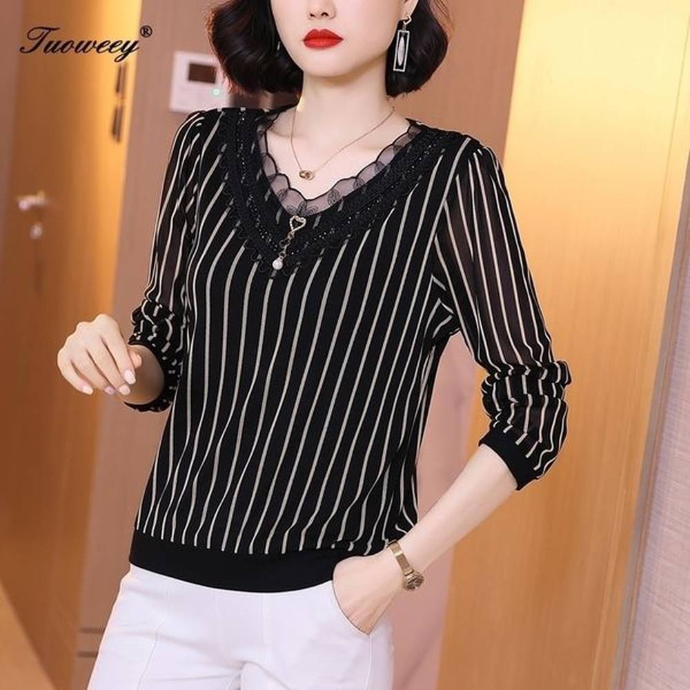 sexy v neck striped blouse women casual long sleeve loose