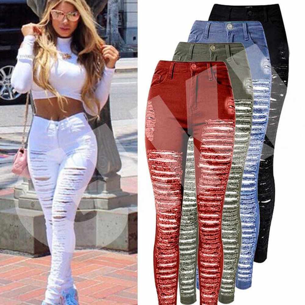 sexy women destroyed ripped denim jeans skinny hole pants high