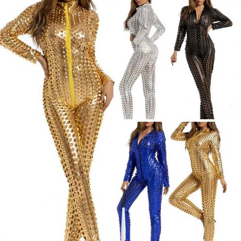 sexy women jumpsuit leather skinny hollow out hole slim elastic