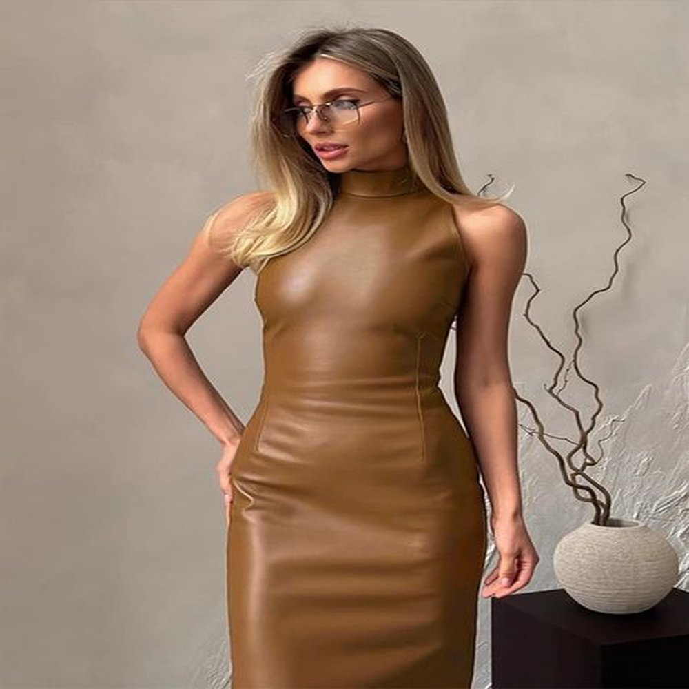 sexy women leather dress fashion sleeveless high collar female dresses