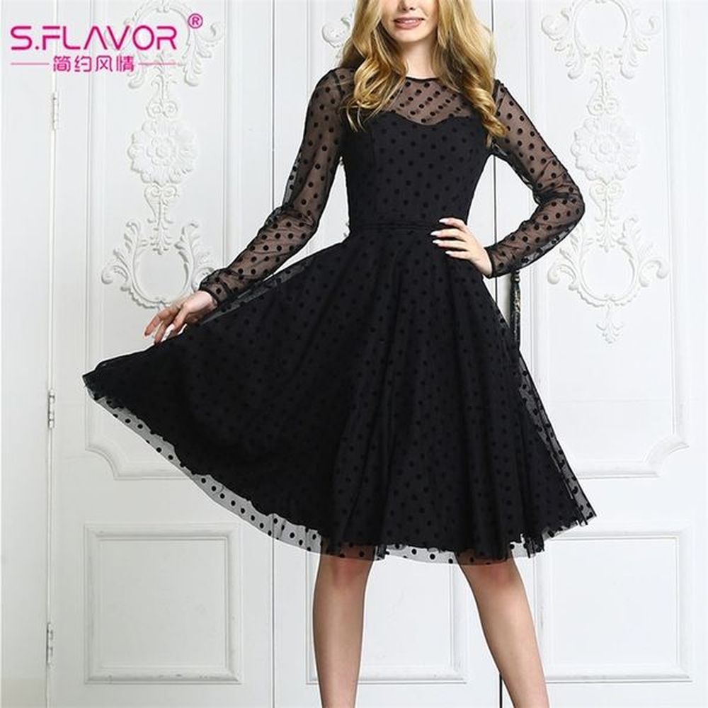 sflavor fashion mesh patchwork dot print dress new o neck