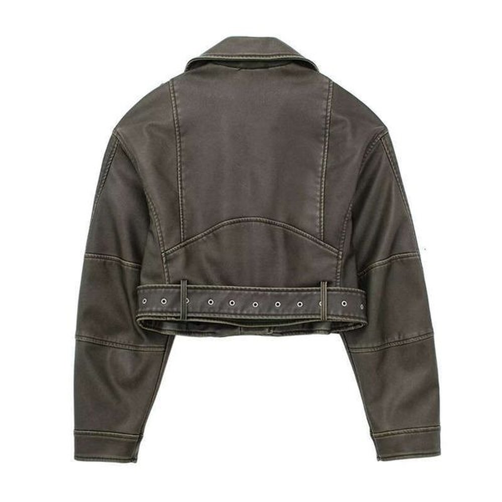 shanshi leather jacket women new two tone used collar loose