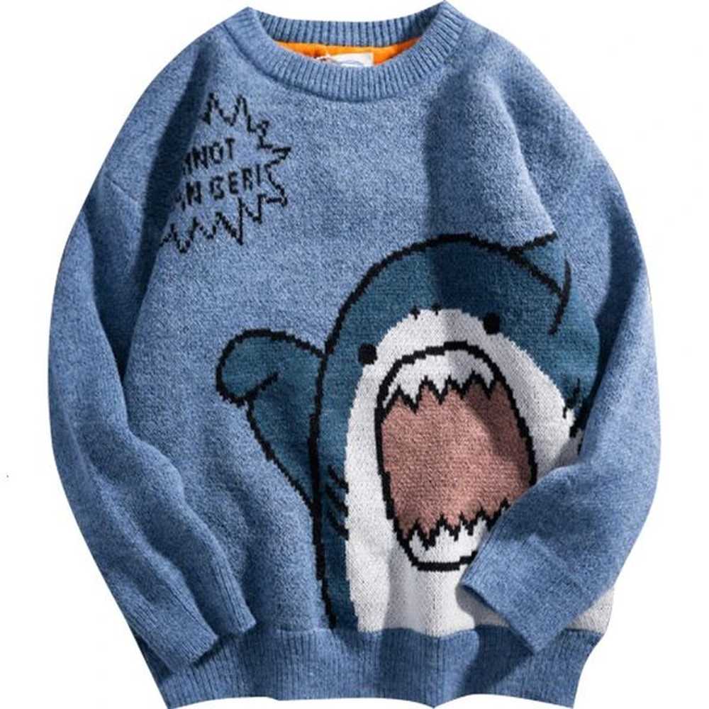 Shark Sweater Men Winter Cartoon Harajuku Korean Y2k Oversized Turtleneck Hip Hop Loose Knit Jumper Pullover High Collar 241114