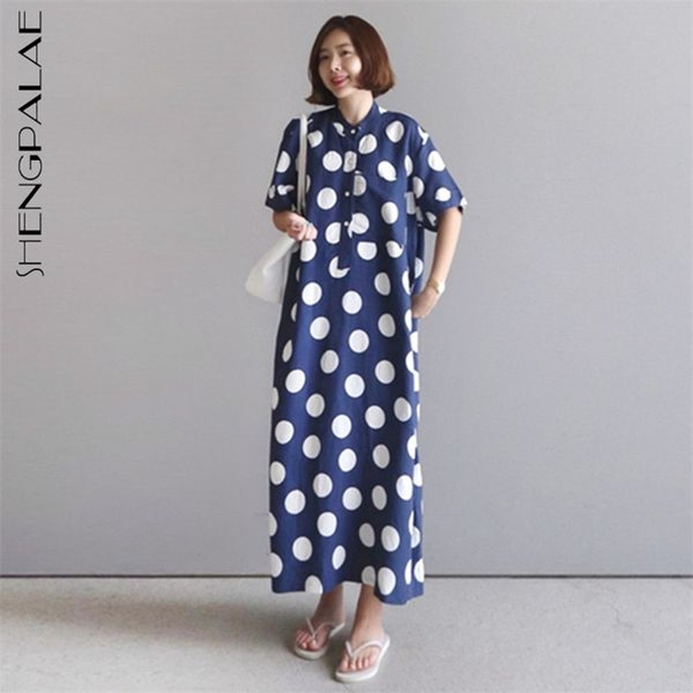 shengpllae simple blue polka dot dress womens summer round neck
