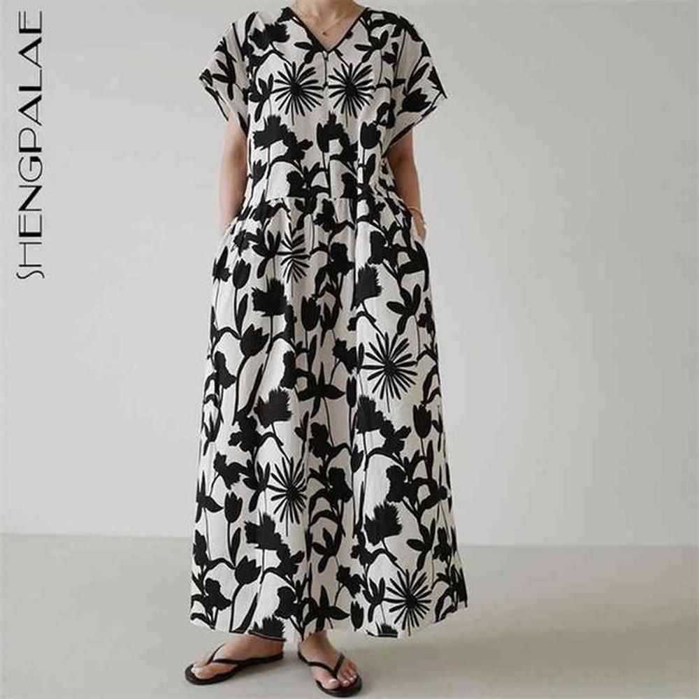 shengpllae temperament printed dress womens summer vneck loose short sleeve