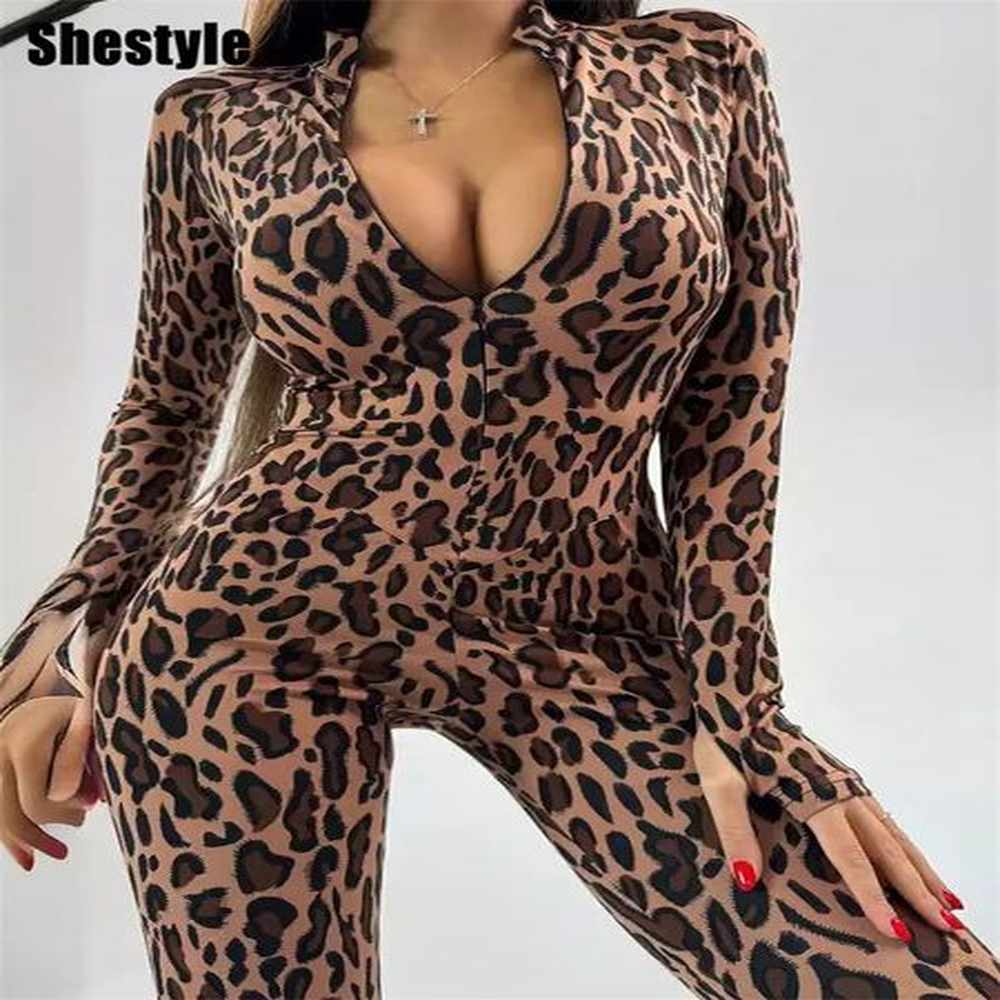 shestyle brown leopard zip up jumpsuits for women skinny mock