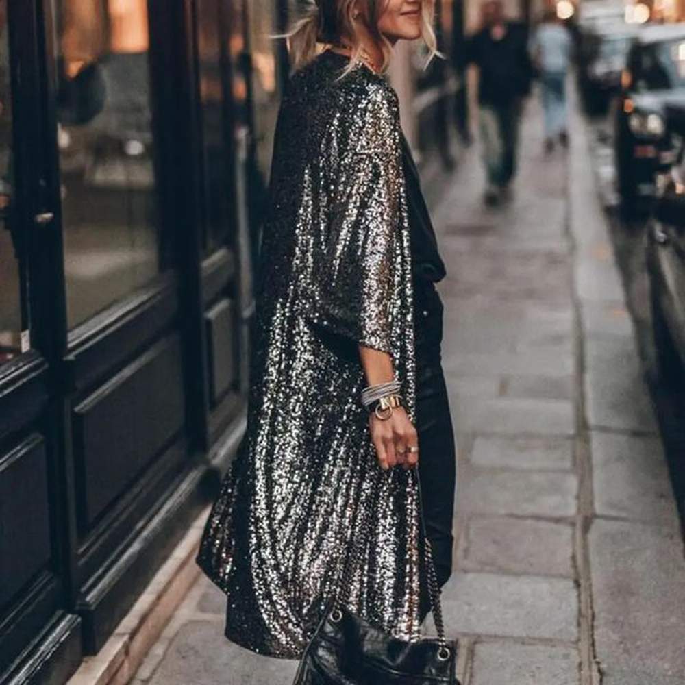 shimmery sequins blazer for women long sleeve glitter party coat