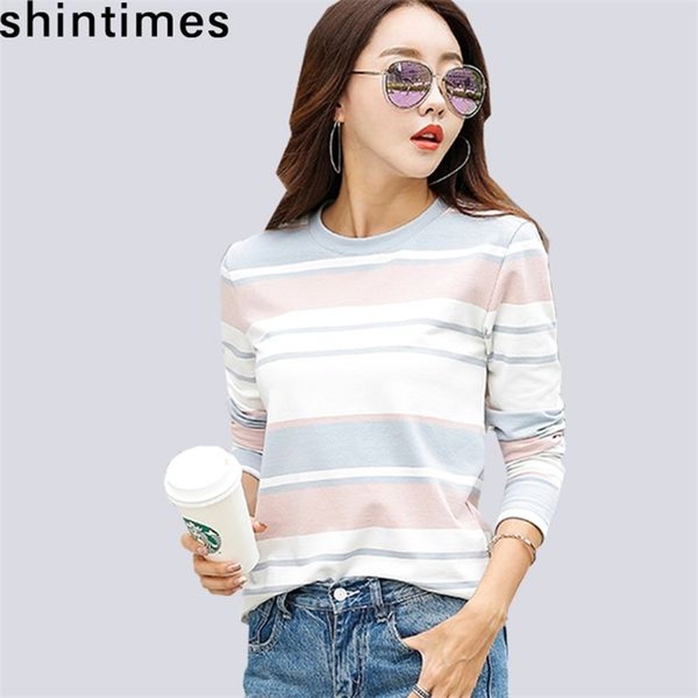 shintimes autumn white striped female tshirt long sleeve t shirt