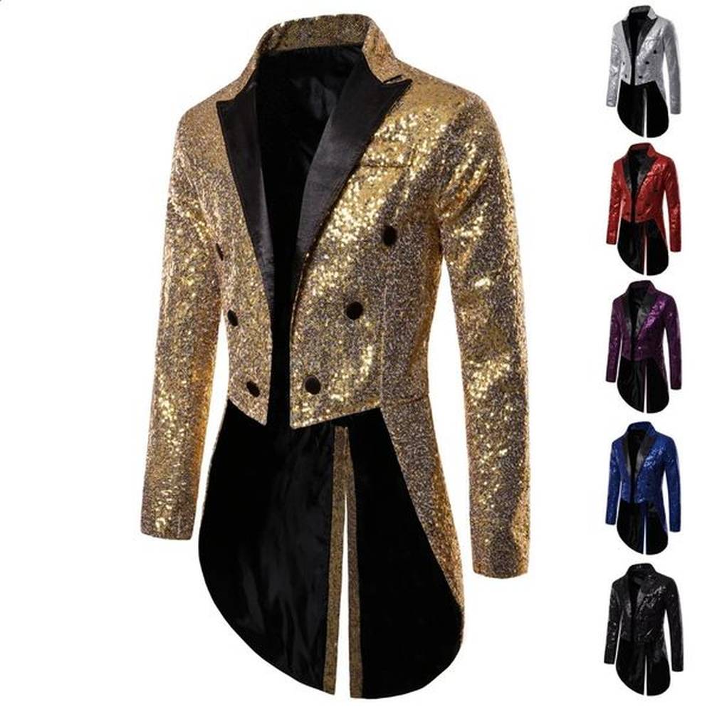 Shiny Gold Sequins Glitter Tailcoat Suit Jacket Male Double Breasted Wedding Groom Tuxedo Blazer Men Party Stage Prom Costume 250109