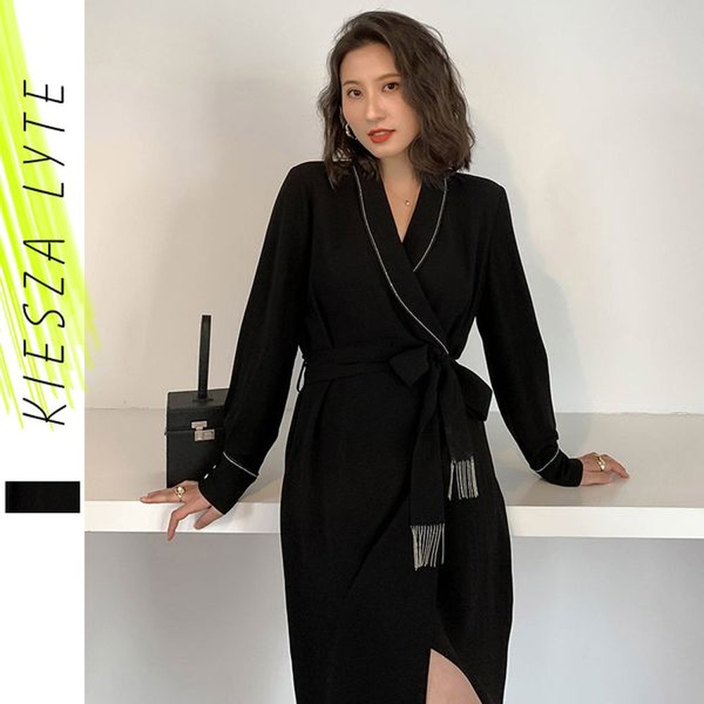 shiny vintage black chiffon sashes wrap dress ladies long sleeve