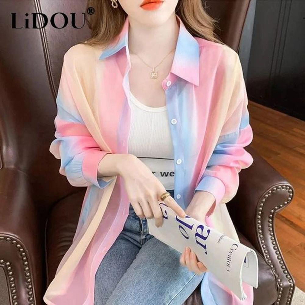 shirt summer poloneck rainbow printing shirt ladies long sleeve loose