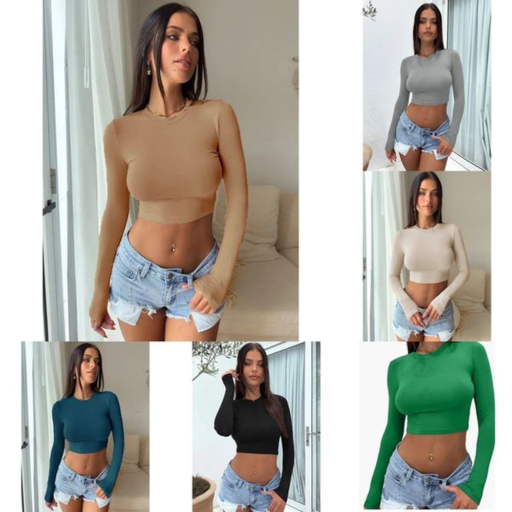 shirts solid t womens color round neck slim fit long