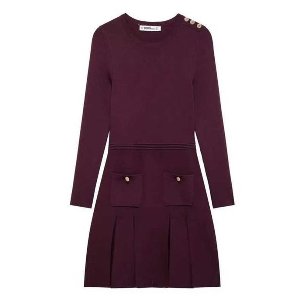 short sleeved pleated long skirt womens dress autumn pocket mini