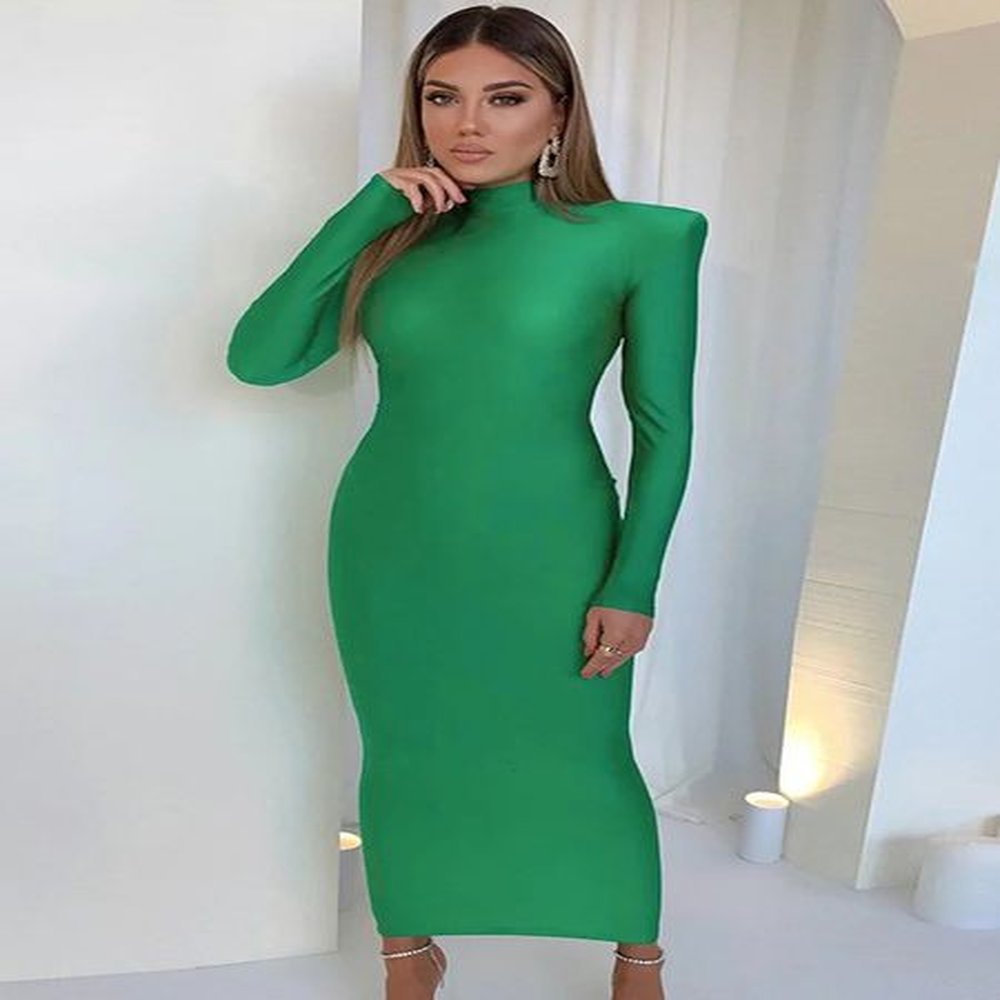 shoulder padded long sleeve bodycon green party club maxi dress