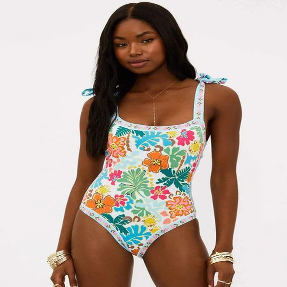 shoulder tied women one piece swimsuit sexy printed square swimwear