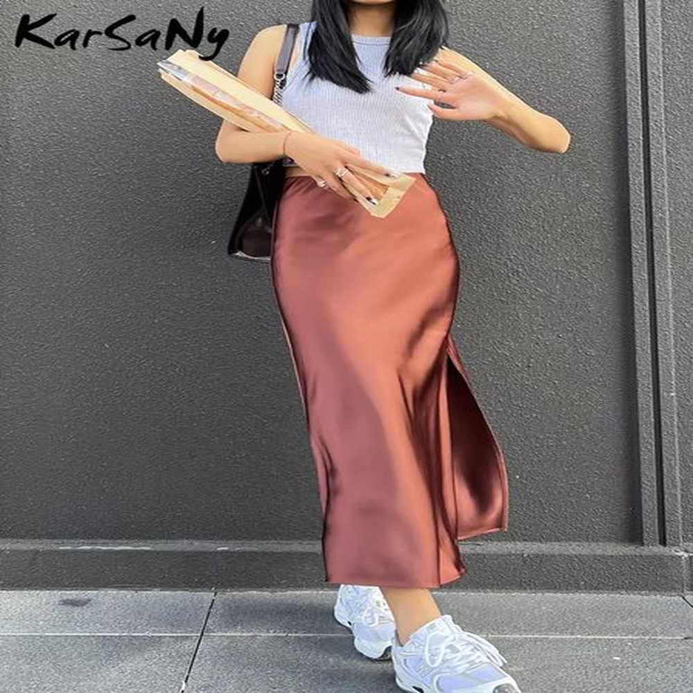 silk satin skirts for women summer casual style aline solid