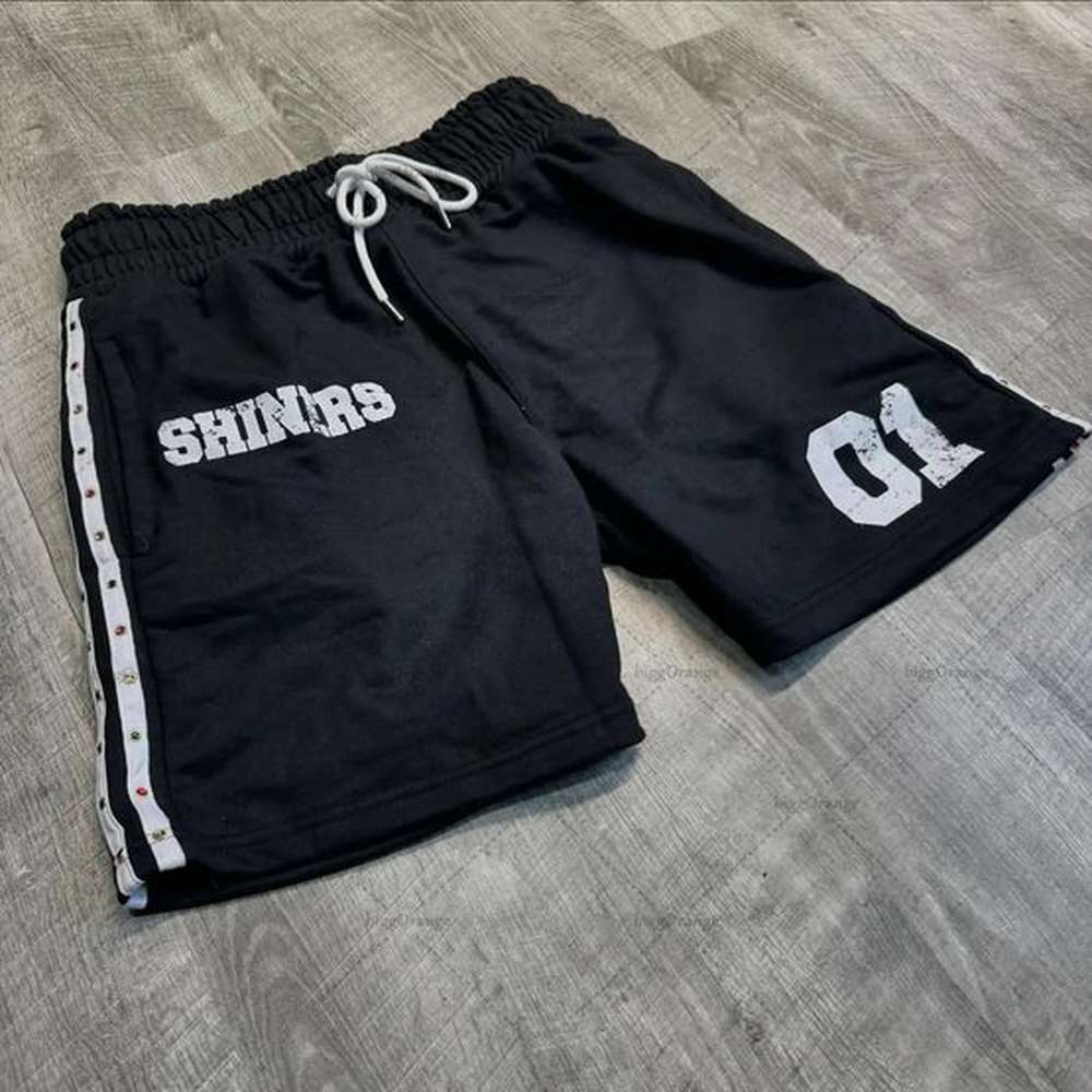 Simple retro striped shorts American street loose knit pants mens Y2K letter printed straight oversized casual 240814