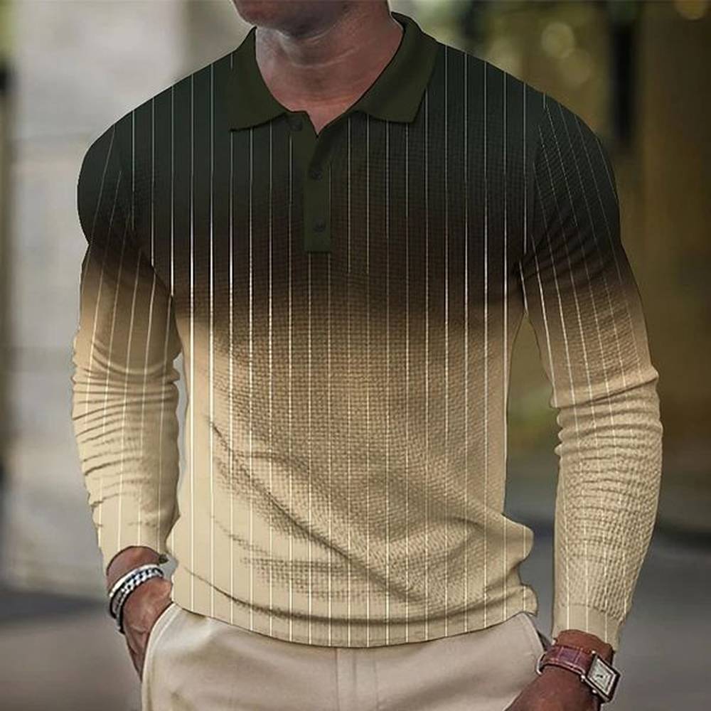 Simple striped pattern polo shirt fashionable and casual mens gradient 3D printed long sleeved polo T-shirt loose daily wear with floral top