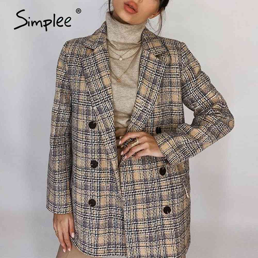simplee elegant autumn winter plaid women blazer coat causal long