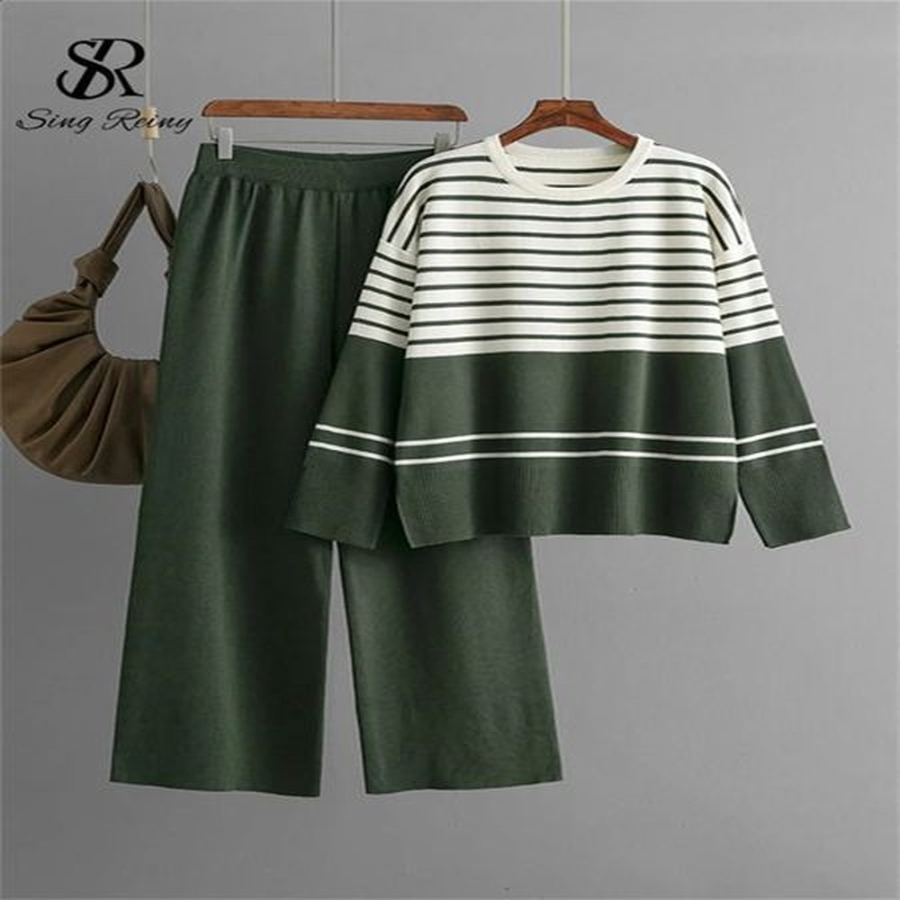 singreiny homewear loose knitted set womens oneck splicing basic striped