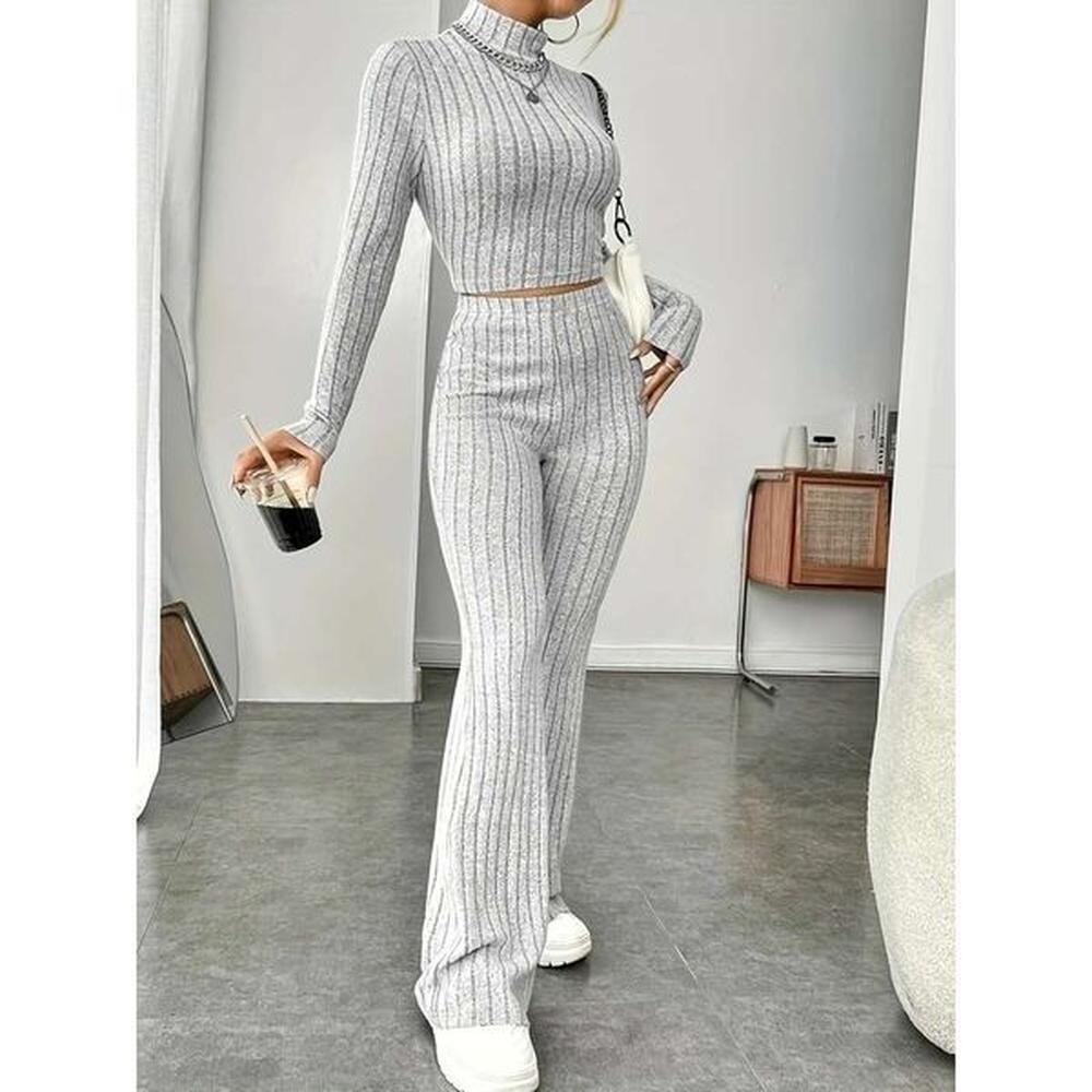 skinny fashion solid color pit stripe womens set long