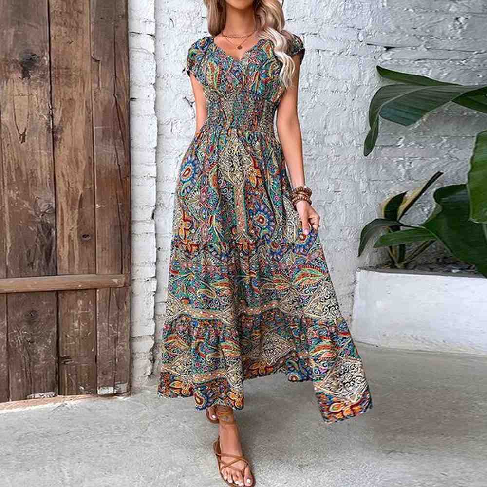 skirt vintage print long dress summer elegant v neck elastic