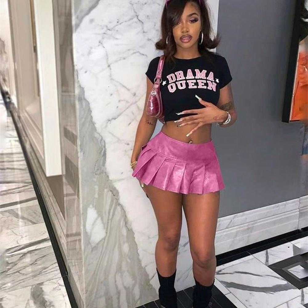 skirts ekoine rok mini lipatan lipit solid kulit pu wanita
