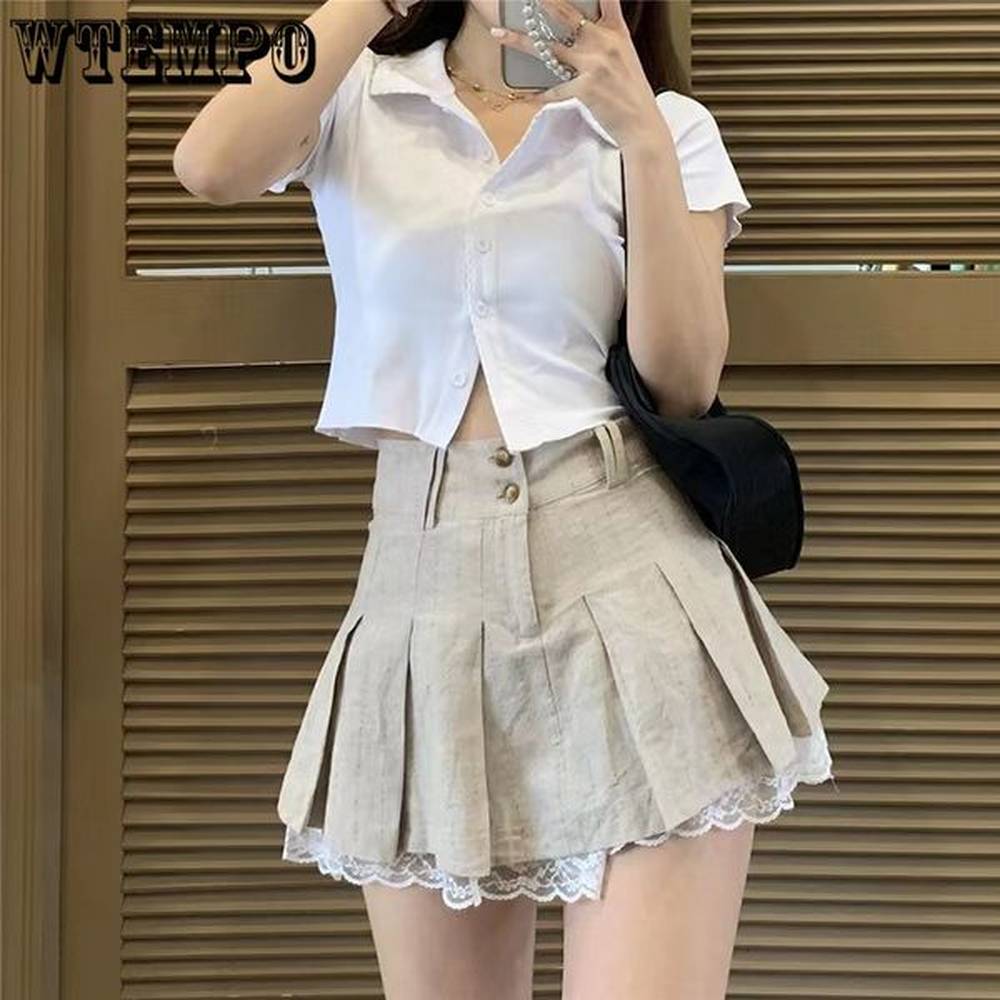skirts korean fashion khaki short skirt lace trim cute pleated