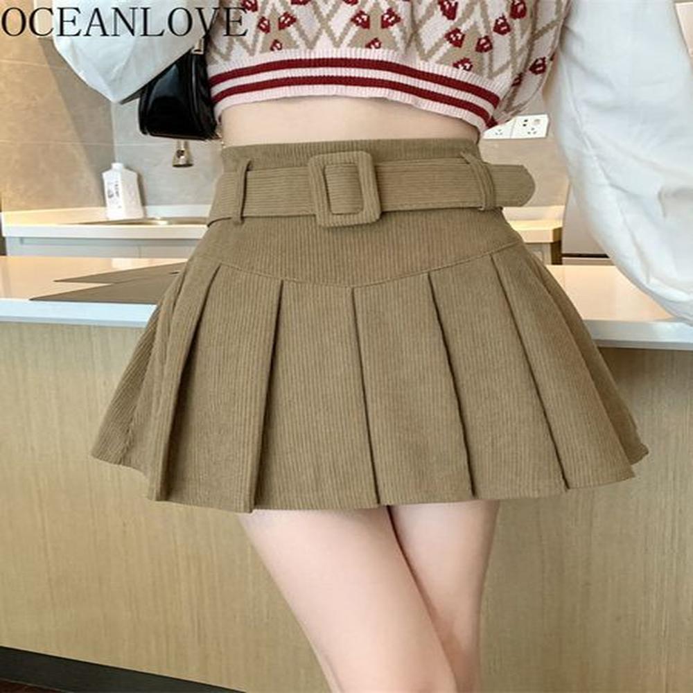 skirts oceanlove corduroy pleated skirts women solid belt high waist