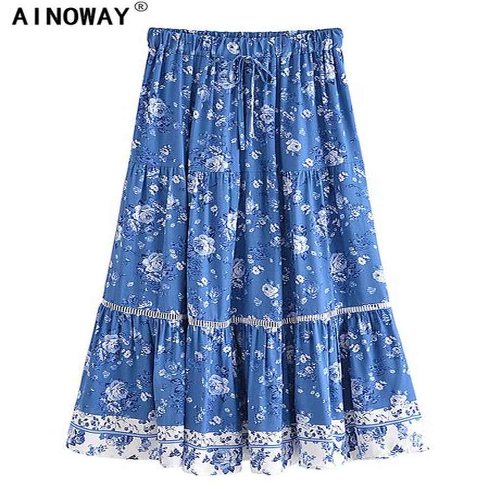 skirts vintage chic womens floral print summer elastic waist pleats