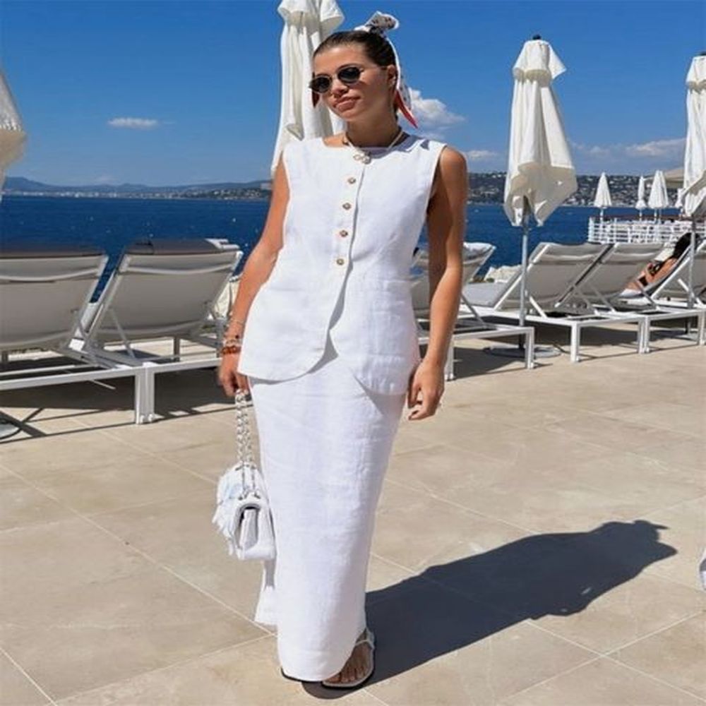 skirts white cotton linen vest top long skirt two piece