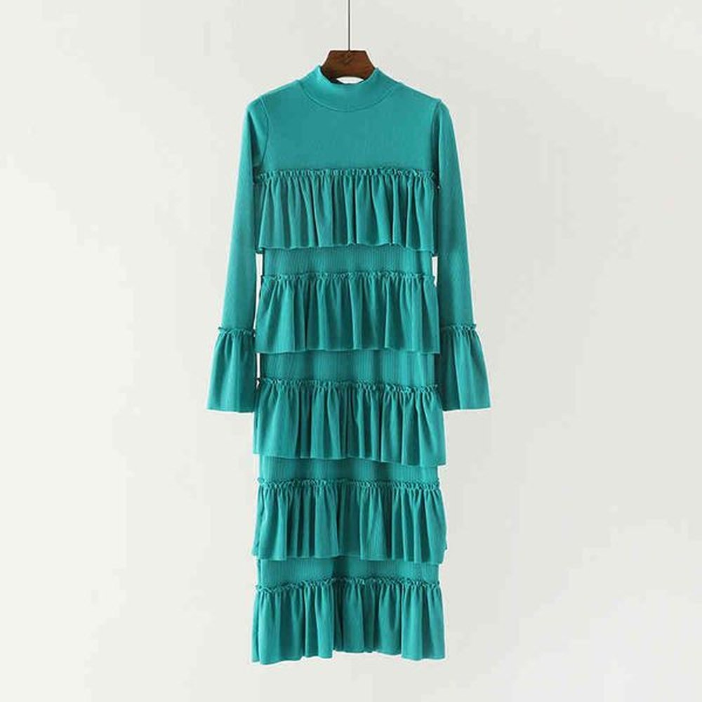 sky blue stand collar cascading ruffle long sleeve pencil midi