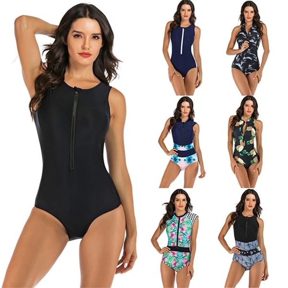 sleeveless rash guard women zipper swimsuit plus size print swimwear