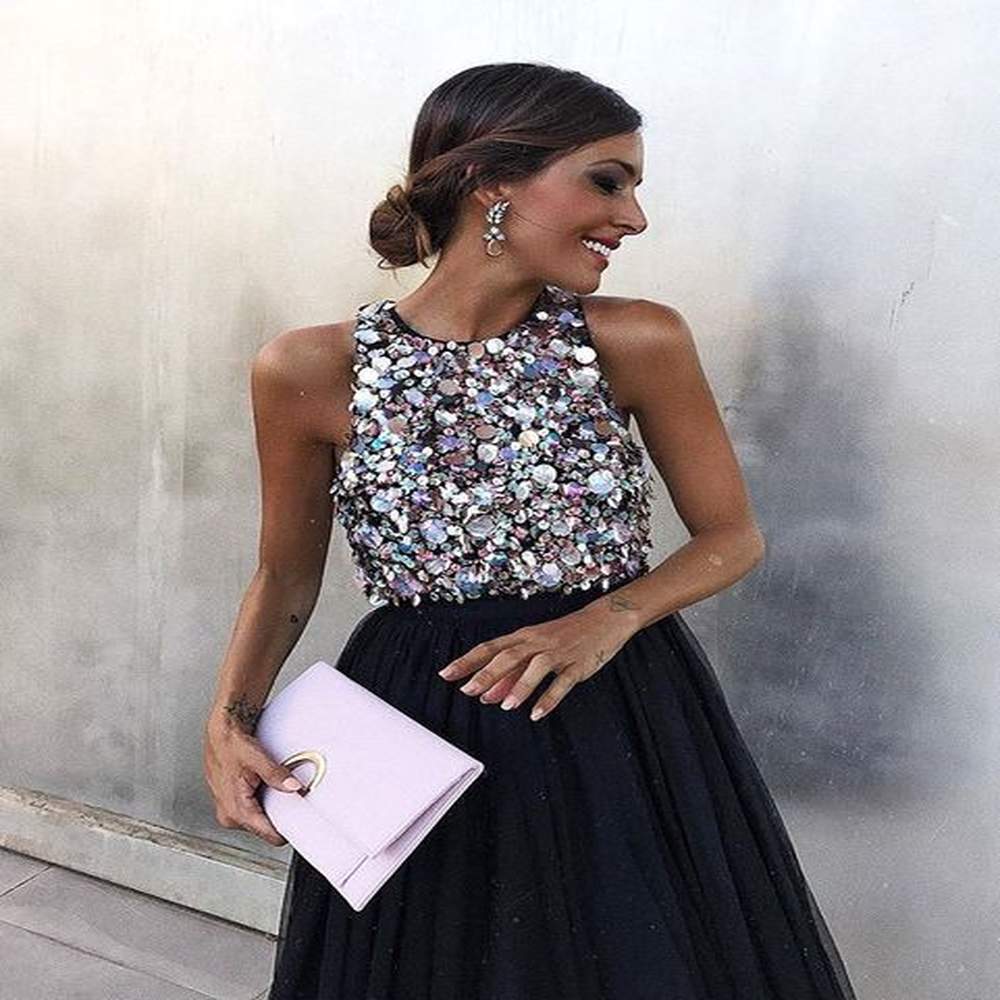 sleeveless sequin o neck dress for lady sequined party dresses