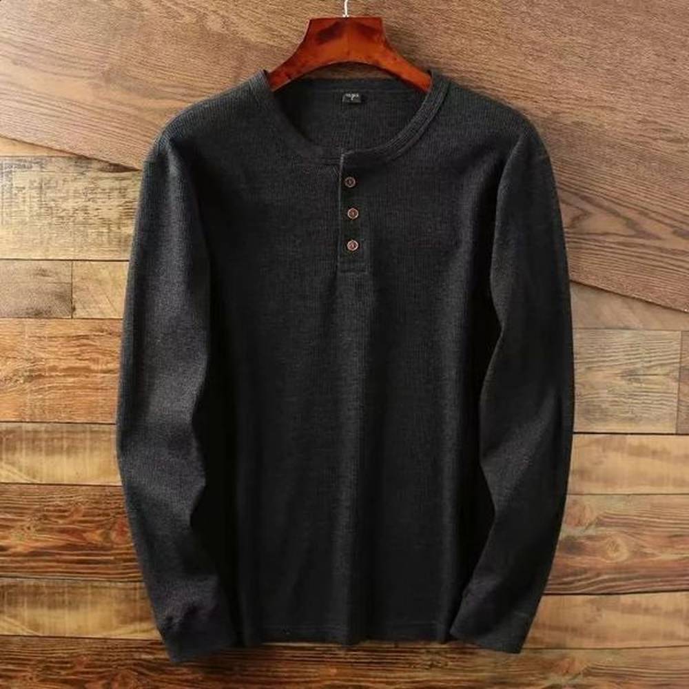 Slim Fit Mens Basic Tshirt Casual Henry Waffle Long Sleeved Shirt Thermosetting Half Button Breathable Pure Cotton