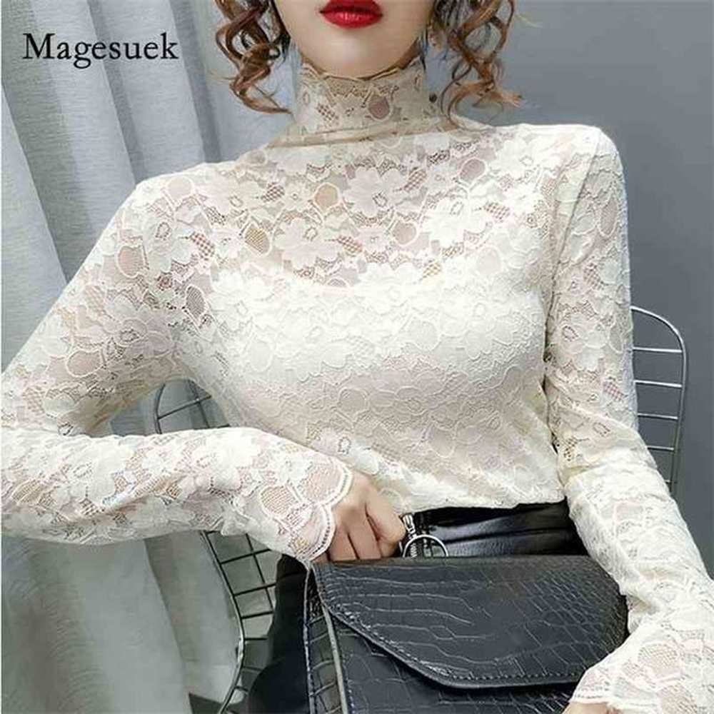 slim lace top female sexy hollow out womans blouses autumn