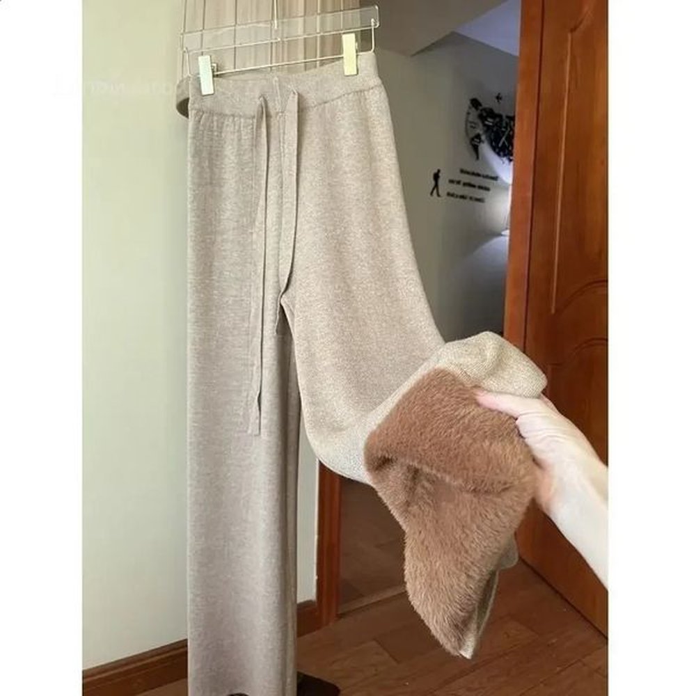 slim simple knit wideleg pants autumn and winter highwaisted
