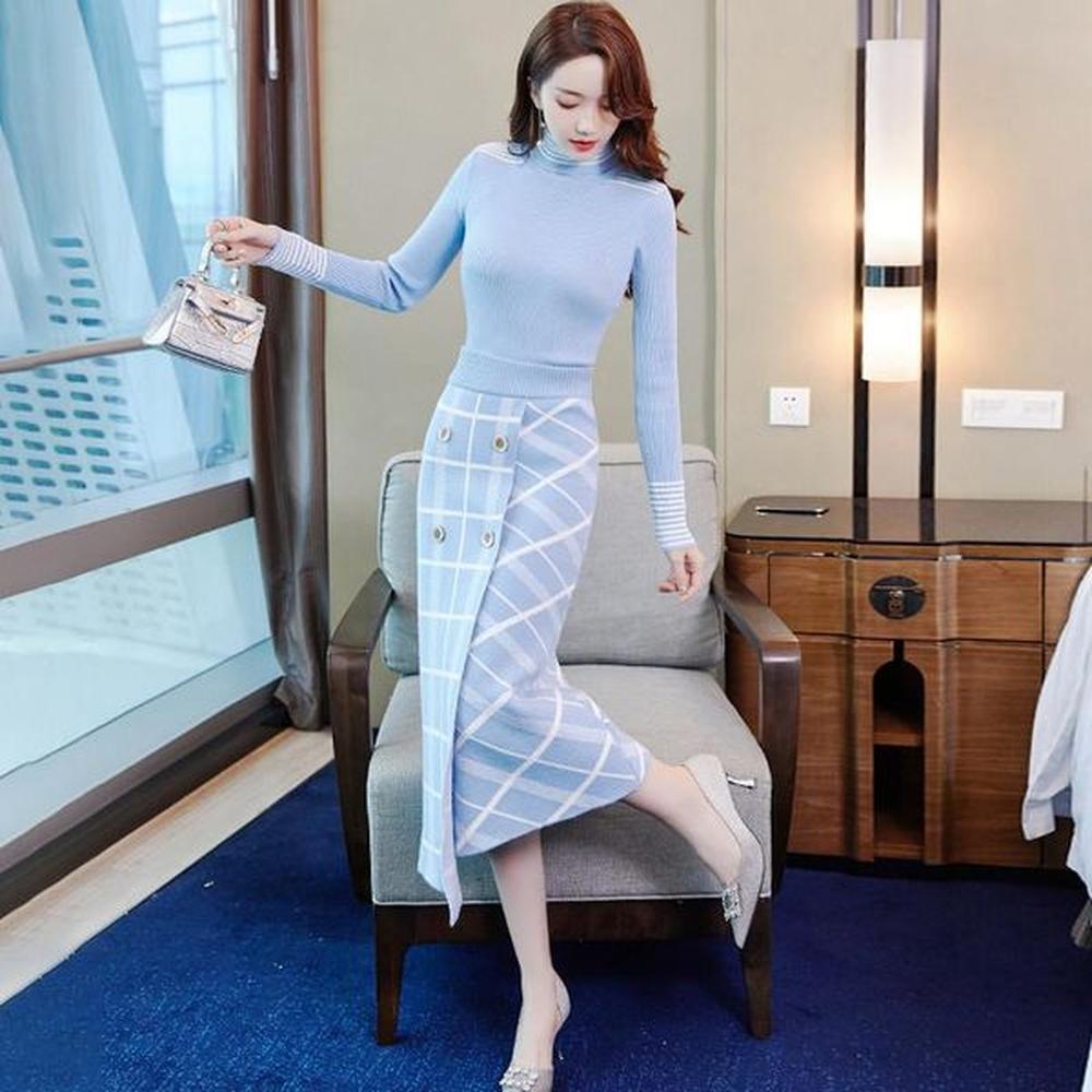 slim sweater skirt two piece dress women autumn winter turtleneck