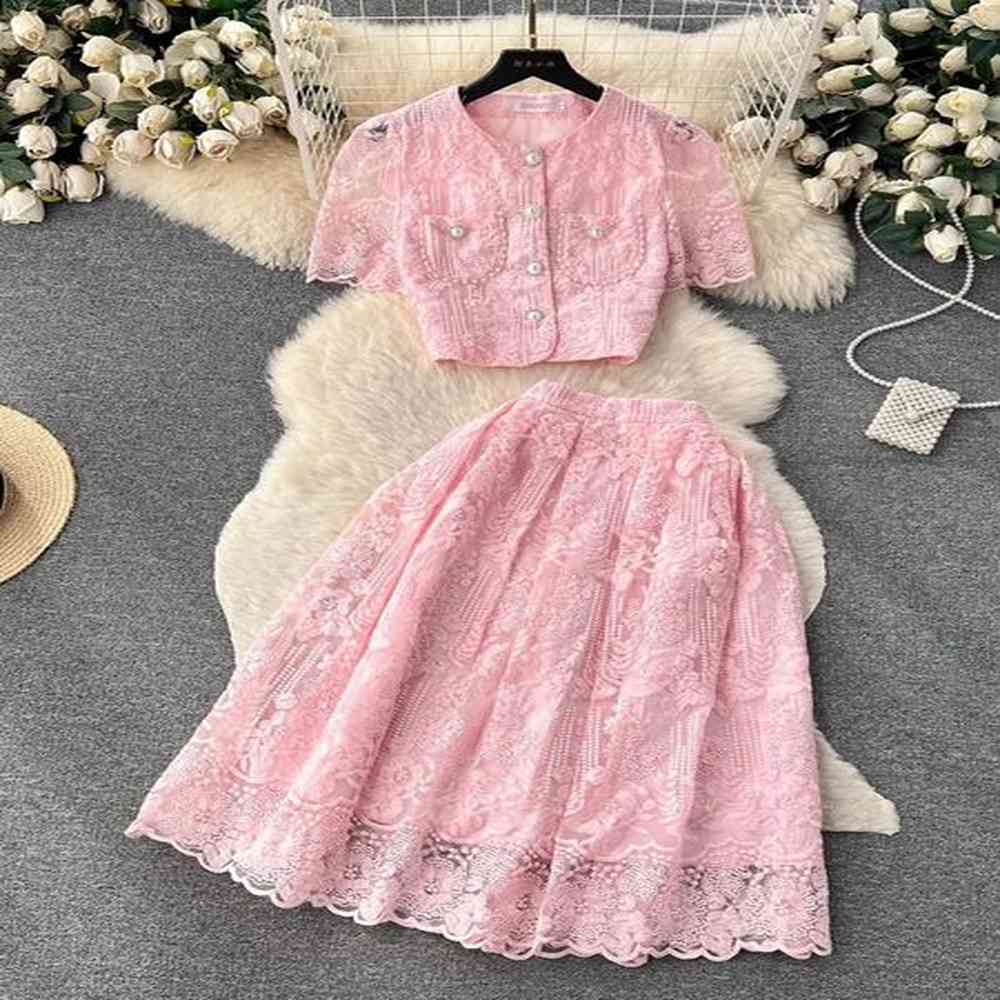 small fragrant embroidery flower two piece set women short sleeve