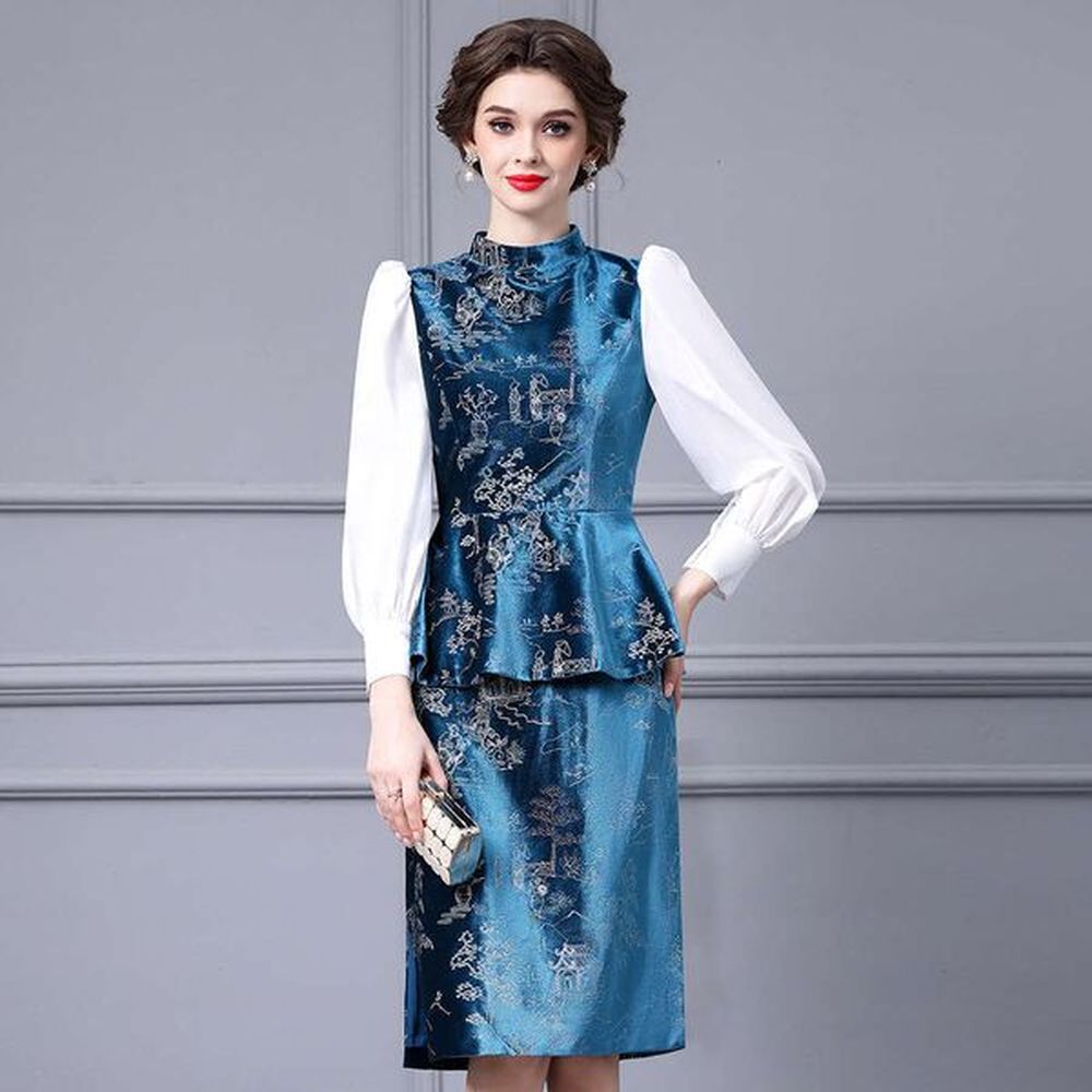 smart and luxurious womens jacquard bubble sleeves color blocked ruffle
