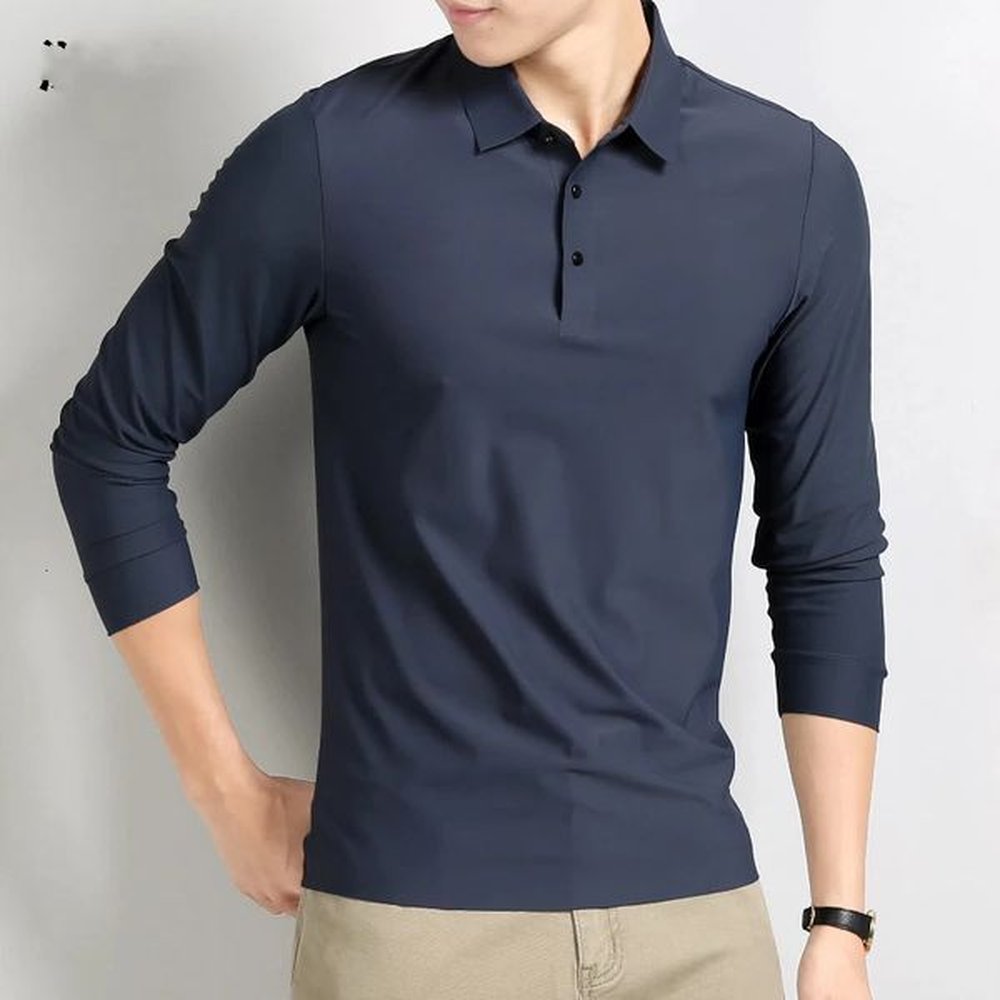 Smart Casual Autumn Winter Men Lapel Ice Silk Solid Button Simplicity Elastic Long Sleeve Pullovers Polo Shirts Tops 241213