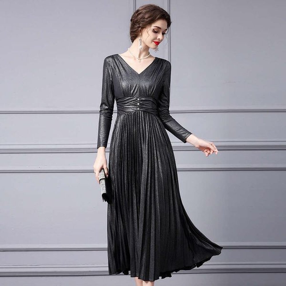 smart highend vneck shiny pleated long new high waist