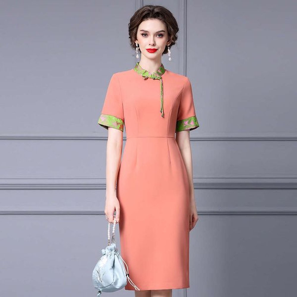 smart patchwork dress with a noble temperament standing collar and