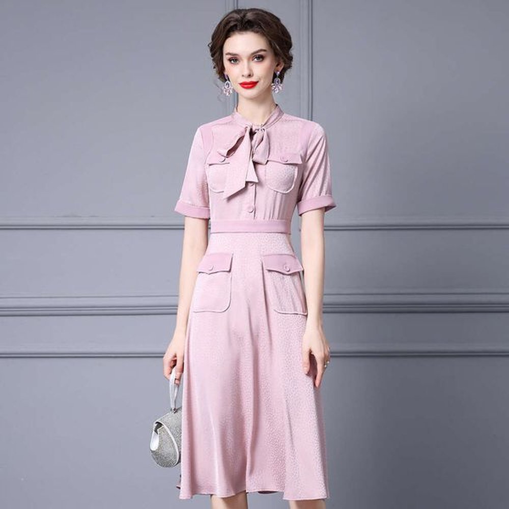 smart pink elegant and intellectual dress with unique neckline tie