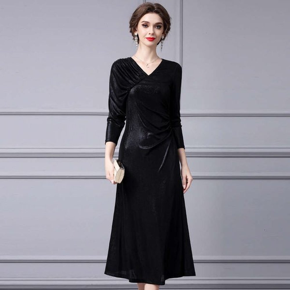 smart stylish design vneck pleats noble temperament wide lady with