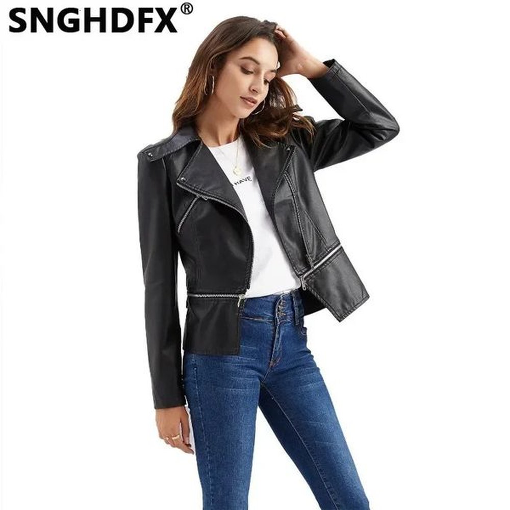snghdfx womens leather jackets detachable hem coats female clothing motor